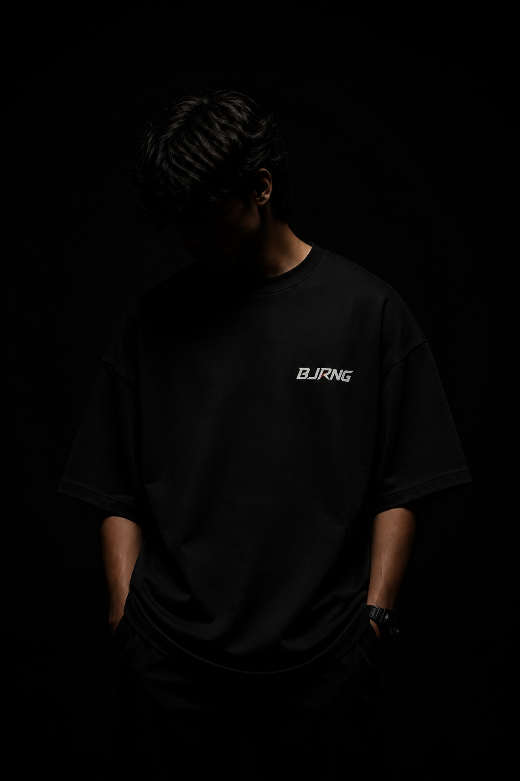 BJRNG Black Oversized Half Sleeve Tee
