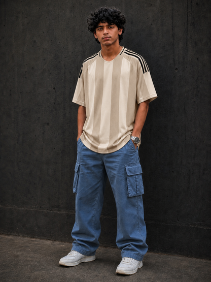 BJRNG Beige Striped Oversized Half Sleeve Tee