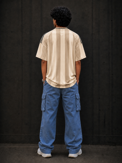 BJRNG Beige Striped Oversized Half Sleeve Tee
